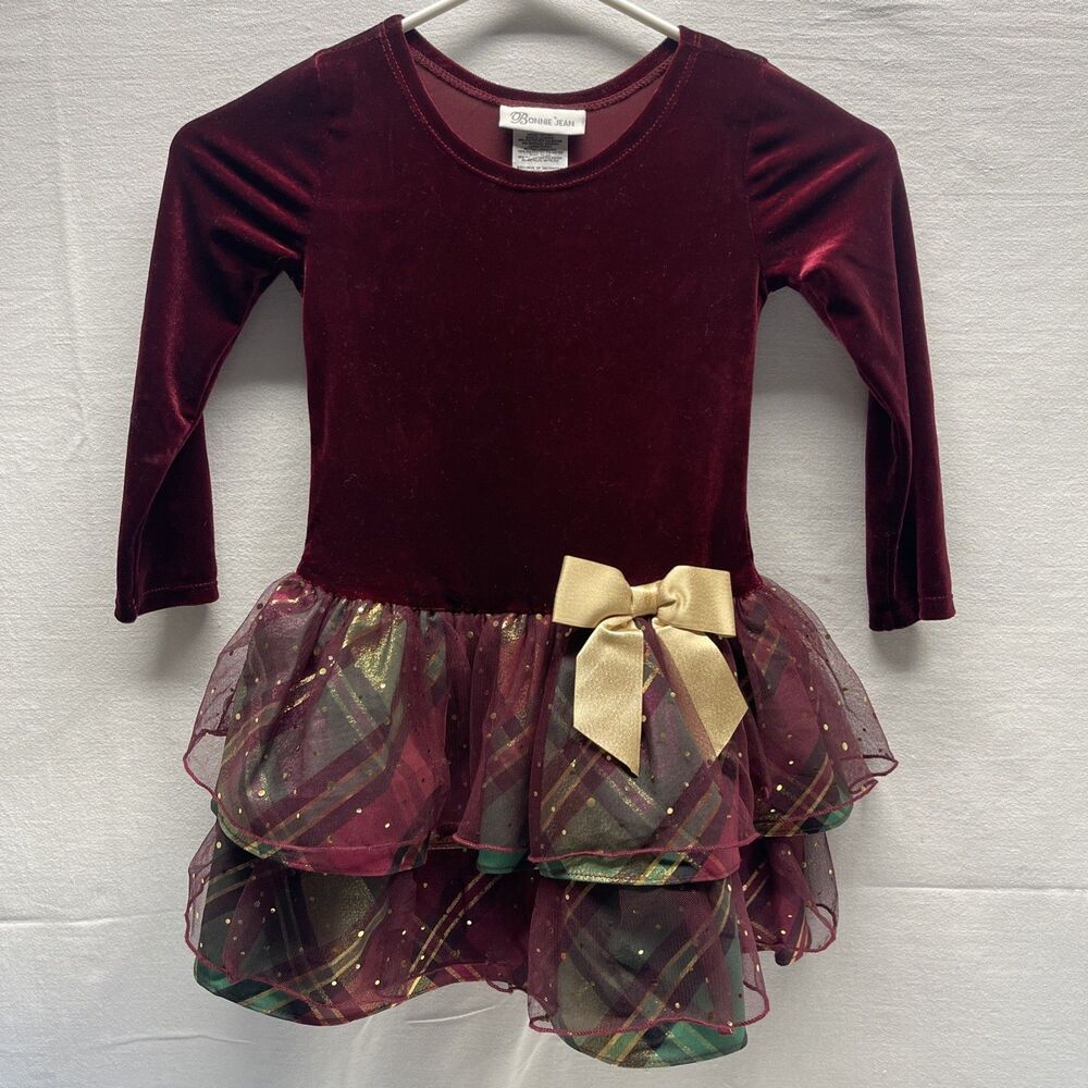 Bonnie Jean Girls Christmas Holiday Pageant Plaid Velvet Burgundy Dress Size 4T